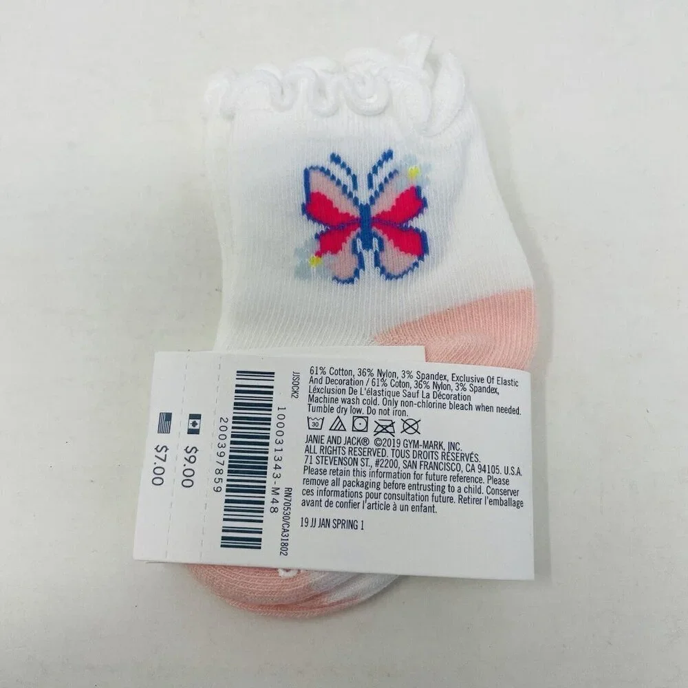 Janie and Jack Baby Girls 0-3 Months Butterfly Ruffle Ankle Socks‎ in White/Pink
